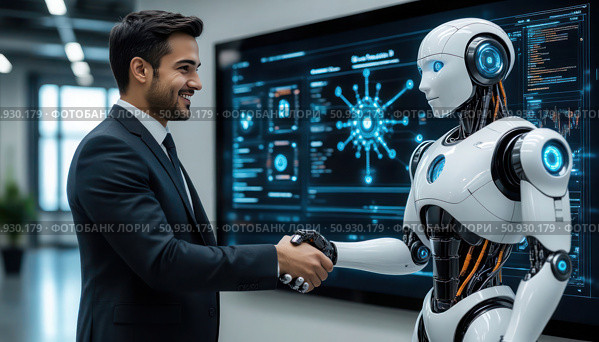 A man in a suit shakes hands with a robot. Стоковое AI-изображение, AI-художник Ярославский Максим / Фотобанк Лори