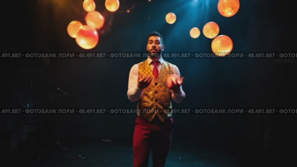 A man in a vest and red pants is juggling balls. Стоковое AI-видео, аниматор Виктория Кольцова / Фотобанк Лори