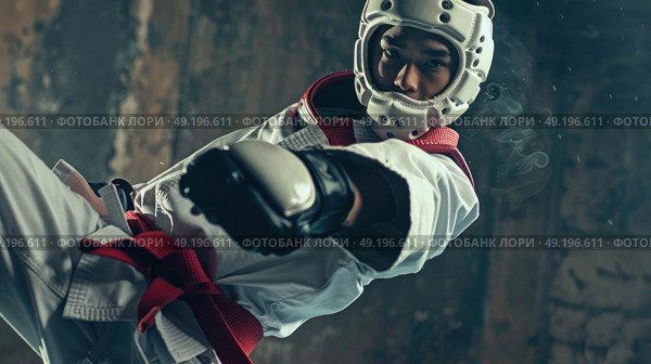 A man in a white uniform is executing a powerful kick in this action-packed moment. Стоковое AI-изображение, AI-художник Данила Большаков / Фотобанк Лори