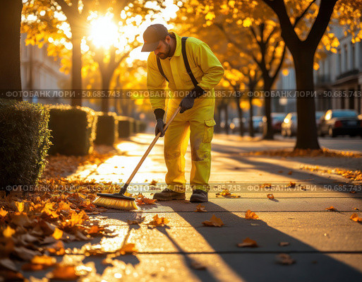 A man in a yellow jacket is sweeping leaves off the sidewalk. Стоковое AI-изображение, AI-художник Ярославский Максим / Фотобанк Лори