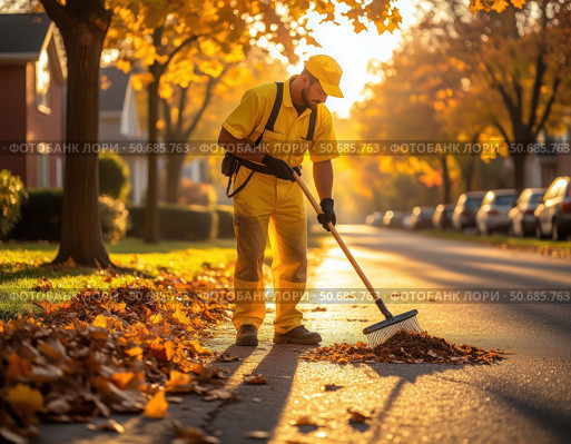 A man in a yellow shirt, trousers and a cap sweeps leaves off the sidewalk. Стоковое AI-изображение, AI-художник Ярославский Максим / Фотобанк Лори