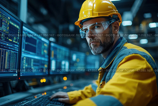 A man in protective gear at an industrial facility. He wears a yellow hard hat, glasses, and a work jacket with gray accents. His gaze is focused, and his hands are working on a keyboard, controlling complex systems on multiple monitors.The background contains screens with digital data, charts, and code, indicating high-tech manufacturing, automation, or process control at a factory. The lighting is soft, with accents on the blue light of the monitors and yellow industrial tones.The image conveys the atmosphere of modern technology, engineering work, and industrial safety. Стоковое AI-изображение, AI-художник Анна Кривицкая / Фотобанк Лори