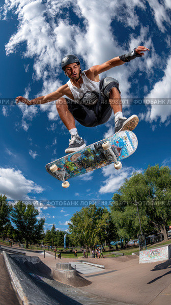 A man is doing a trick on a skateboard in the air. Стоковое AI-изображение, AI-художник Ярославский Максим / Фотобанк Лори