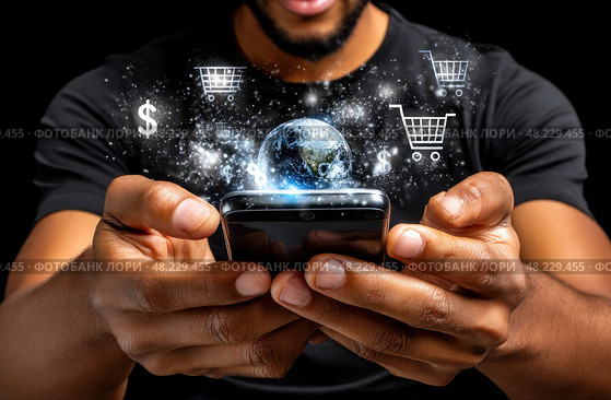 A man is holding a cell phone with a globe and shopping cart icons on the screen. Стоковое AI-изображение, AI-художник Ярославский Максим / Фотобанк Лори