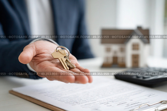 A man is holding a key in his hand and standing in front of a house. Стоковое AI-изображение, AI-художник Ярославский Максим / Фотобанк Лори