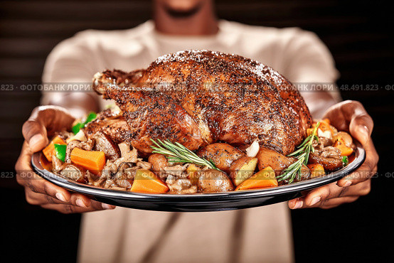 A man is holding a plate of food, which includes a roasted turkey. Стоковое AI-изображение, AI-художник Ярославский Максим / Фотобанк Лори