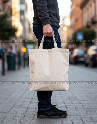 A man is holding a white canvas bag on a city street. Стоковое AI-изображение, AI-художник Ярославский Максим / Фотобанк Лори