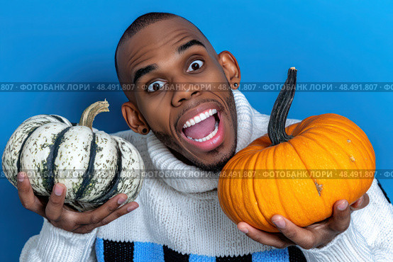 A man is holding two pumpkins, one white and one orange, and is smiling. Стоковое AI-изображение, AI-художник Ярославский Максим / Фотобанк Лори
