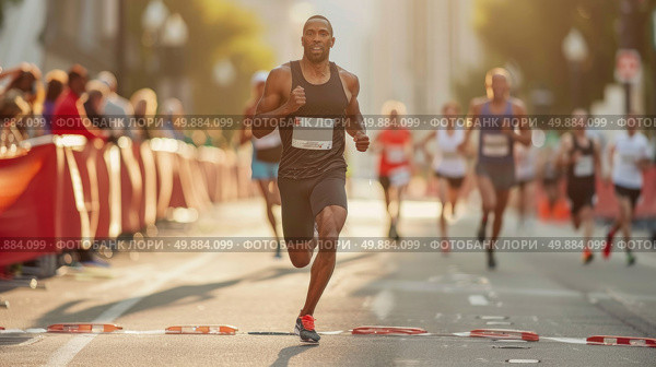 A man is sprinting down a street lined with a crowd of people, showcasing a scene of active movement and energy. Стоковое AI-изображение, AI-художник Данила Большаков / Фотобанк Лори
