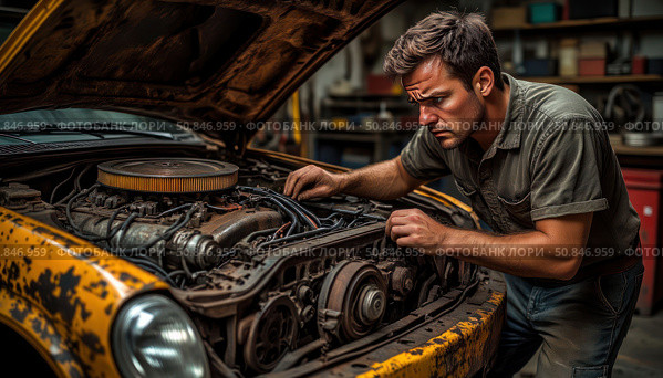 A man is working on a car engine in a garage. Стоковое AI-изображение, AI-художник Ярославский Максим / Фотобанк Лори