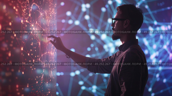 A man is writing on a wall in front of a vibrant and colorful backdrop. Стоковое AI-изображение, AI-художник Данила Большаков / Фотобанк Лори