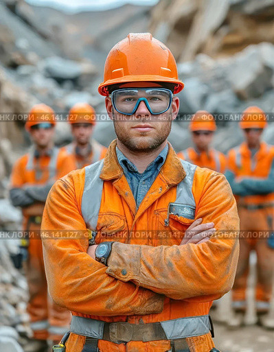 A man observes safety precautions at work while clearing rubble. Safety precautions at work. Стоковое AI-изображение, AI-художник Сергей Елизарьев / Фотобанк Лори