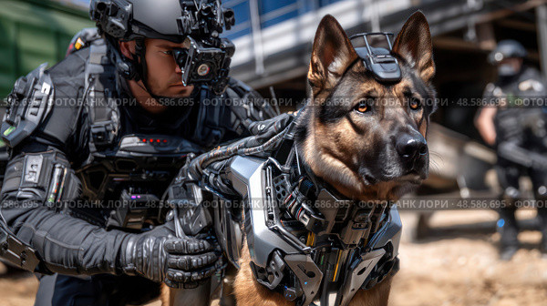 A man prepares a robot dog to work with criminals. Стоковое AI-изображение, AI-художник Ярославский Максим / Фотобанк Лори