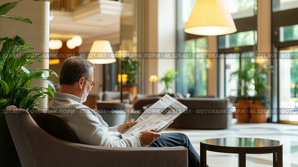 A man reading a newspaper in a modern hotel lobby surrounded by greenery during daylight hours. Стоковое AI-изображение, AI-художник Сергей Толмачёв / Фотобанк Лори