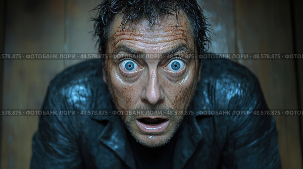 A man sits in a dimly lit room with wet hair, wide blue eyes filled with shock, showing an intense emotional reaction after a mysterious incident. Стоковое AI-изображение, AI-художник Данила Большаков / Фотобанк Лори