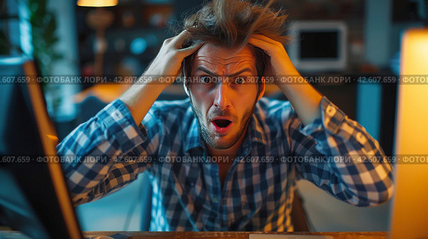A man sits with a computer, his face expresses horror, he tears out the hair on his head. Стоковое AI-изображение, AI-художник Юлия Гапеенко / Фотобанк Лори