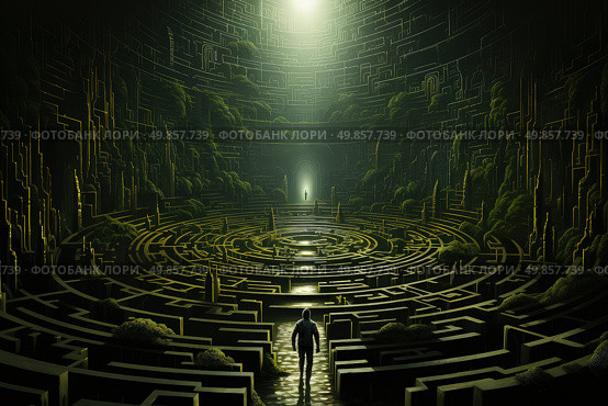 A man stands in the center of a maze in a room filled with darkness, appearing lost and perplexed. Стоковое AI-изображение, AI-художник Данила Большаков / Фотобанк Лори