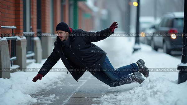 A Man Struggles to Maintain His Balance on an Icy Sidewalk, Arms Outstretched in an Attempt to Prevent a Fall. Стоковое AI-изображение, AI-художник Sergey Grishin / Фотобанк Лори