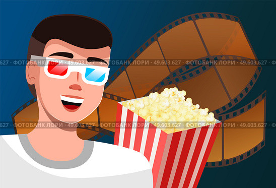 A man watches a movie with glasses for 3D films and says something. Cinema time vector illustration cartoon male character in magic glasses popcorn bucket and motion picture tape behind the viewer. A man watches a movie with glasses for 3D films and says something, cinema time vector illustration. Стоковая иллюстрация, агентство Ingram Publishing / Фотобанк Лори
