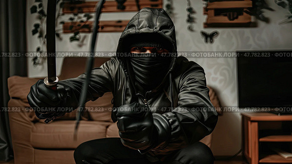 A man wearing a black mask holds a sword in a determined stance. Стоковое AI-изображение, AI-художник Данила Большаков / Фотобанк Лори