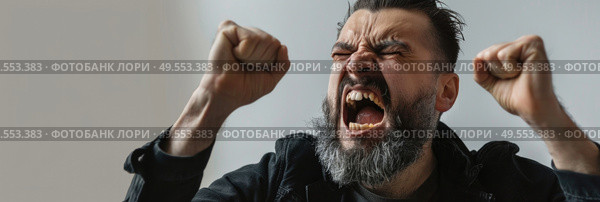 A man with a beard is shown screaming in this photo. Стоковое AI-изображение, AI-художник Данила Большаков / Фотобанк Лори