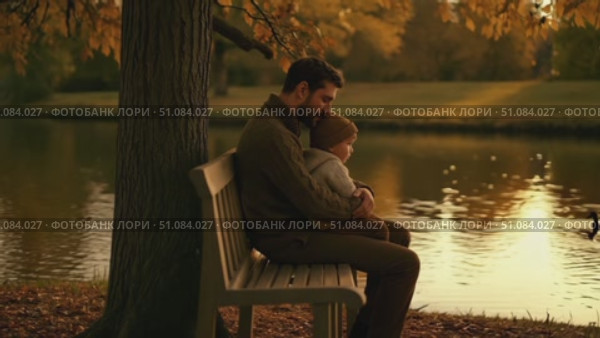 A man with dark hair and beard sits on a bench by a lake, holding a young boy with light brown hair. Autumn leaves surround them, creating a warm atmosphere. Стоковое AI-видео, аниматор Nart / Фотобанк Лори