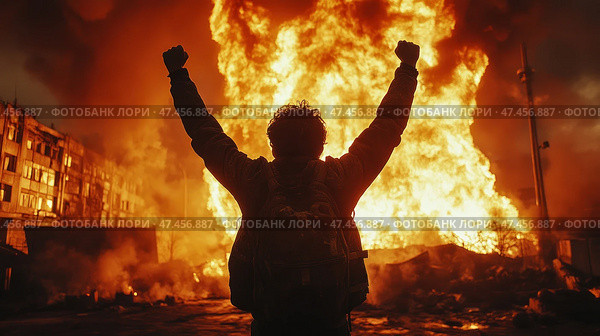 A man with his arms raised, standing with his back to the viewer in front of a giant flame. A huge column of fire engulfs a building or ruins, blazing against the backdrop of a night or twilight city. The silhouette of the man looks determined, as if he is celebrating, fighting, or demonstrating strength in extreme circumstances. The atmosphere is dramatic, filled with fire, smoke, and the energy of rebellion, protest, or survival.This scene can be interpreted as a symbol of victory, chaos, revolution, apocalypse, or fortitude. Стоковое AI-изображение, AI-художник Анна Кривицкая / Фотобанк Лори