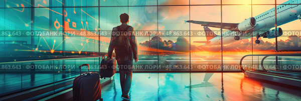 A man with luggage walks towards a departing airplane in an airport terminal. Стоковое AI-изображение, AI-художник Данила Большаков / Фотобанк Лори