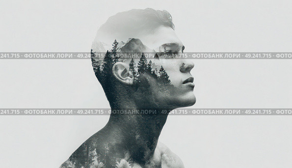 A man's face is shown in a forest with trees surrounding him. Стоковое AI-изображение, AI-художник Ярославский Максим / Фотобанк Лори