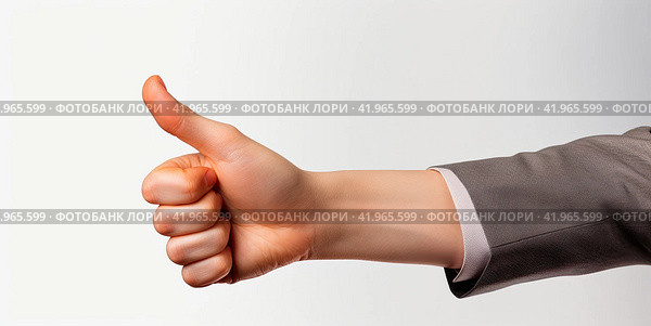 A man's hand on a white background, with a short sleeve suit showing a thumbs up. The concept of luck and success. Isolated. Стоковое AI-изображение, AI-художник Ярославский Максим / Фотобанк Лори