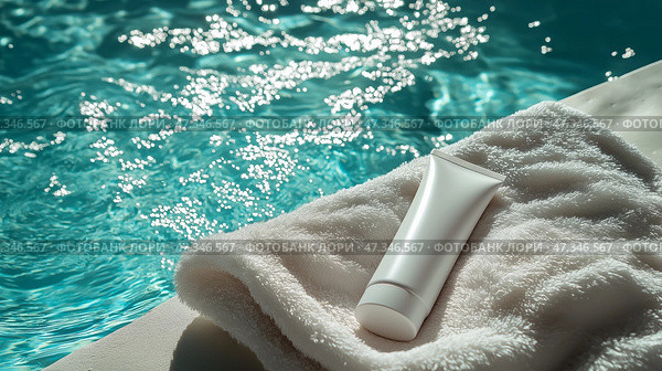 A matte white sunscreen tube Skincare product mockup placed by a sparkling pool. Макет матового белого тюбика с солнцезащитным кремом для ухода за кожей, расположенного у сверкающего бассейна. Стоковое AI-изображение, AI-художник Katsiaryna Repich / Фотобанк Лори