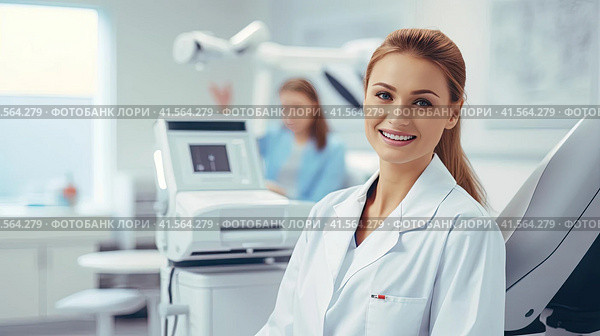 A medical worker or a doctor in a white coat in a modern clinic. Стоковое AI-изображение, AI-художник Кирилл Черезов / Фотобанк Лори