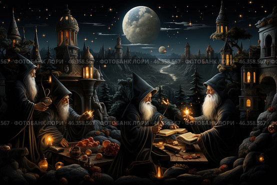 A mesmerizing fantasy scene featuring wise magicians performing mysterious rituals under the starry sky. Four old wizards with long white beards and dark robes are gathered around a wooden table, lit by the soft light of candles and magical spheres. They study ancient books, cast spells with wands, and manipulate magical artifacts. Around them lies a fantastic medieval city with high towers, glowing windows, and narrow bridges. In the background are majestic mountain ranges, and above them hangs a large, mysterious moon. The atmosphere is filled with magic, mystery, and wisdom. Стоковое AI-изображение, AI-художник Анна Кривицкая / Фотобанк Лори