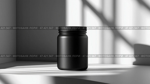 A minimalistic high-contrast banner featuring a protein jar with a backlight. банка с протеином. Стоковое AI-изображение, AI-художник Katsiaryna Repich / Фотобанк Лори