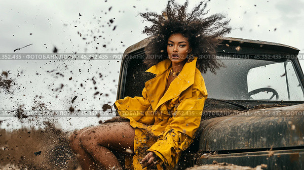 A model in a yellow raincoat poses dramatically on a vintage truck while mud splashes around her in an outdoor setting. Стоковое AI-изображение, AI-художник Сергей Толмачёв / Фотобанк Лори