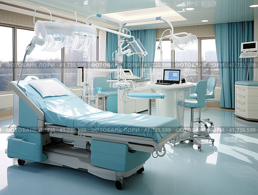 A modern medical bed and a special device in a modern intensive care unit. Generated by AI. Стоковое AI-изображение, AI-художник Ярославский Максим / Фотобанк Лори