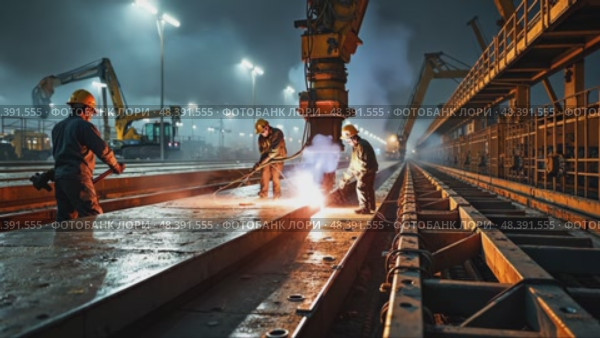 A modern shipyard, workers in hard hats welding massive steel plates, with cranes and scaffolding in the background. Стоковое AI-видео, аниматор Sergey Grishin / Фотобанк Лори