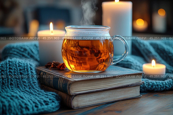 A moment of coziness: a transparent mug of hot tea sits on a stack of old books, and candles burn around it, creating a warm and calm atmosphere. A warm knitted blanket is also visible in the frame, adding a sense of comfort and relaxation. This shot is perfect for creating an atmosphere of home comfort, a quiet evening and enjoying the moment. Стоковое AI-изображение, AI-художник Анна Кривицкая / Фотобанк Лори
