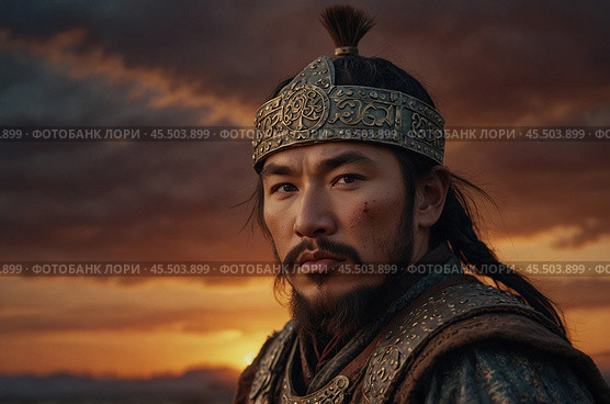 A Mongol warrior of the 14th century at sunset. Стоковое AI-изображение, AI-художник Александр Поташев / Фотобанк Лори