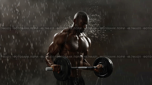 A muscular man lifts a barbell as rain pours down, showcasing his dedication and strength during an evening workout session. Стоковое AI-изображение, AI-художник Данила Большаков / Фотобанк Лори