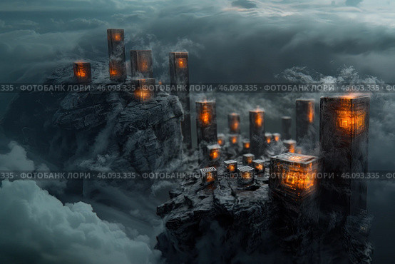 A mysterious and fantastical landscape consisting of massive black monoliths with shimmering orange patterns, similar to ancient runes or technogenic symbols. The monoliths rise on a rocky cliff, drowning in thick clouds, giving the impression that this is an ancient or alien temple complex hovering in the air. The atmosphere of the image is dark and mystical, with smoke and fog effects, which gives the scene a special mysterious character. Perhaps this is a place of worship or the ruins of a civilization that left behind technological artifacts. Стоковое AI-изображение, AI-художник Анна Кривицкая / Фотобанк Лори