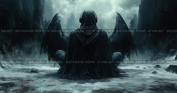 A mysterious figure with black wings and headphones sits quietly in a barren landscape, surrounded by dark mountains and ominous clouds. Стоковое AI-изображение, AI-художник Данила Большаков / Фотобанк Лори