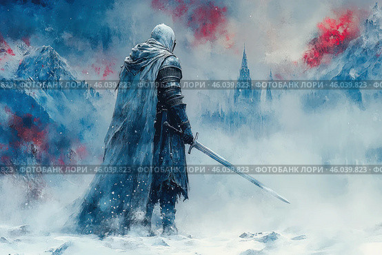 A mysterious warrior, clad in heavy armor and a long cloak, stands in the middle of a snowy and foggy landscape. He holds a sword in one hand, as if preparing for battle or contemplating his path. In the distance, a majestic castle with tall spires appears through the thick fog, creating a sense of a fateful mission. The surrounding scene is done in cool shades of blue, white and gray, with dramatic splashes of red, adding tension and mystery to the picture. Стоковое AI-изображение, AI-художник Анна Кривицкая / Фотобанк Лори