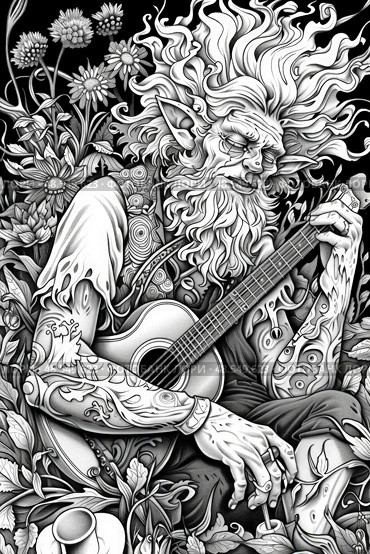 A mystical forest elder with a flowing beard strums a guitar surrounded by lush vegetation. Стоковое AI-изображение, AI-художник Данила Большаков / Фотобанк Лори