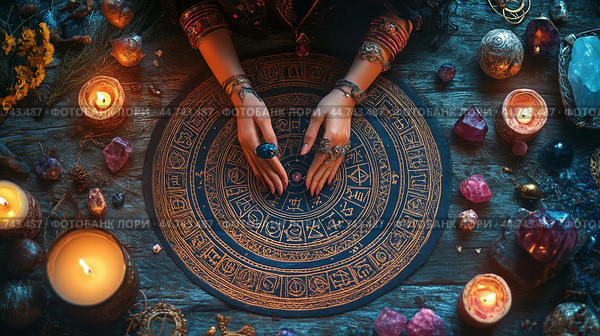 A mystical tarot reading session with candles and crystals on a wooden table, capturing the spiritual atmosphere of divination. Стоковое AI-изображение, AI-художник Сергей Толмачёв / Фотобанк Лори