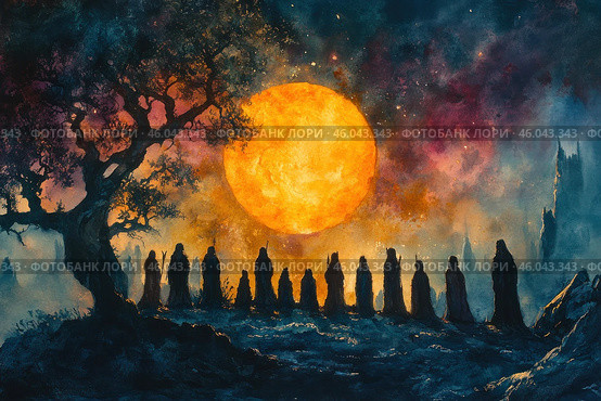 A mystical watercolor illustration depicting a mysterious ritual under a huge shining moon or sun. A group of figures in long dark cloaks stand in a semicircle, as if performing a rite or sacrament. Their silhouettes are shrouded in shadow, creating a sense of mystery and ancient magic.The scene unfolds in a fantastical landscape with crooked trees, misty distances and rocky peaks. The sky is painted in deep blue, purple and gold shades, which gives the work a dramatic and mystical aura. The orange-yellow sphere in the background resembles either a giant moon or a magical luminary illuminating this mysterious ritual. Стоковое AI-изображение, AI-художник Анна Кривицкая / Фотобанк Лори