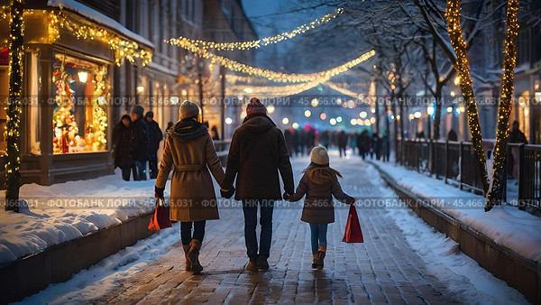 A New Year's or Christmas card. A little girl with her dad is walking along a city street decorated with glowing garlands for the holiday. The atmosphere of magic and fairy tales. Стоковое AI-изображение, AI-художник Photojuli / Фотобанк Лори