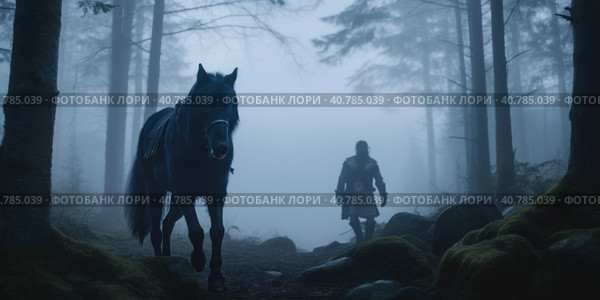 A norse scandinavian god Vidar walking a wolf-horse through a forest. Generative AI image. Стоковое AI-изображение, AI-художник Сергей Старуш / Фотобанк Лори