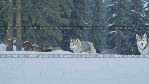 A pack of wolves in a snow-covered land in a serene forest surrounded by evergreen trees. Стоковое AI-видео, аниматор Юрий Поздников / Фотобанк Лори