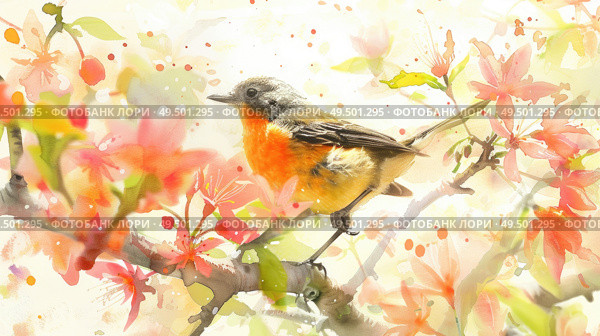A painting depicting a bird perched on a tree branch against a simple background. Стоковое AI-изображение, AI-художник Данила Большаков / Фотобанк Лори